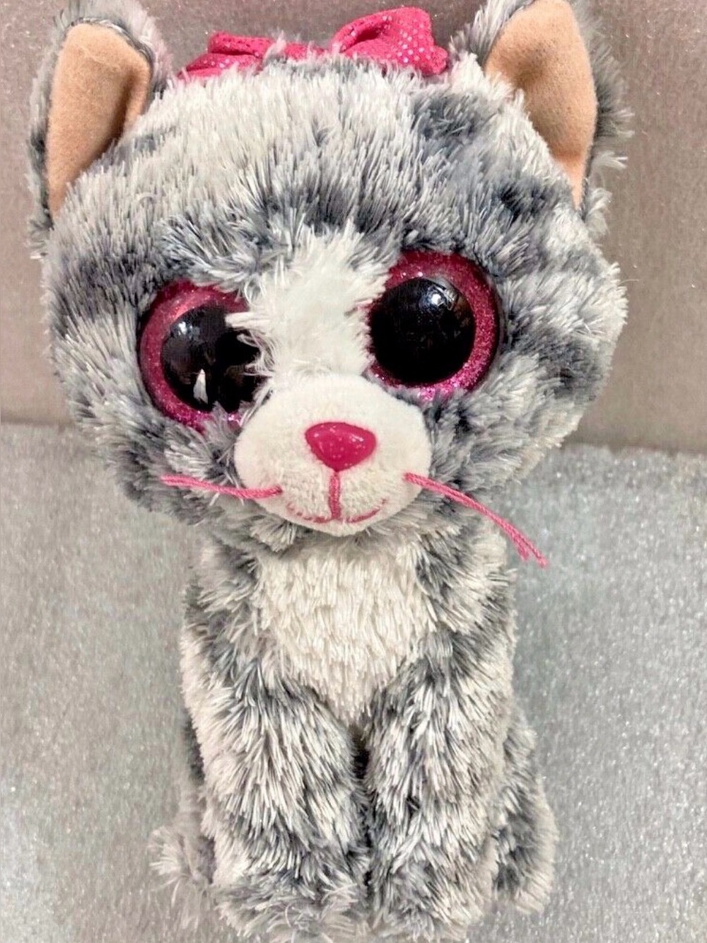 Ty Grey Plush Cat Toy with Pink Accents